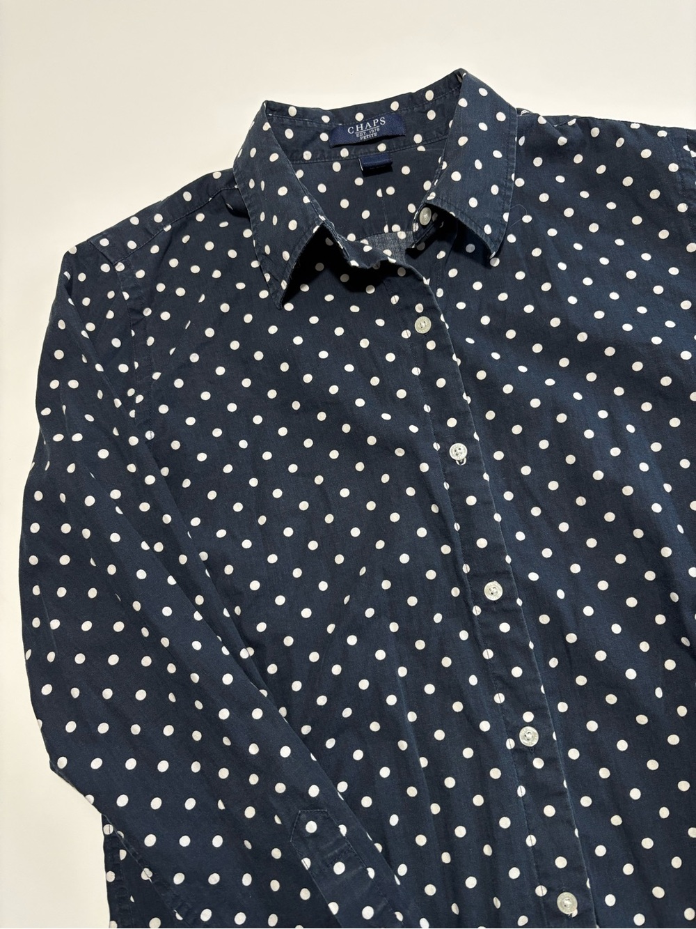 Chaps Navy Blue & White Polka Dots Button Up Office Siren Cotton Long Sleeve